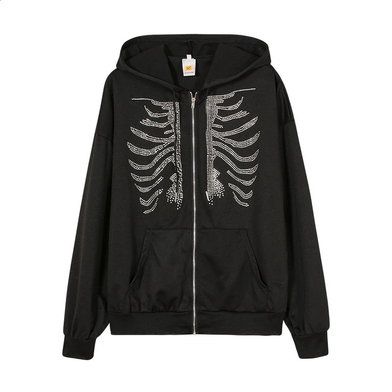 Y2K Rhinestone Skeleton Hoodies Women Gothic Black Zip Up Oversized Sweatshirts Female Retro Harajuku Hooded Jacket Streetwear 240805