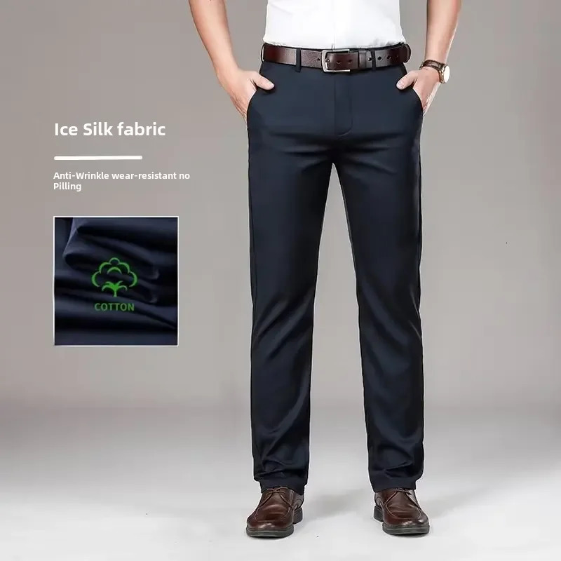 Mens Casual Trousers Business Formal Ice Silk Pants Summer Thin Straightleg Loosefit For Middleaged Men 240806