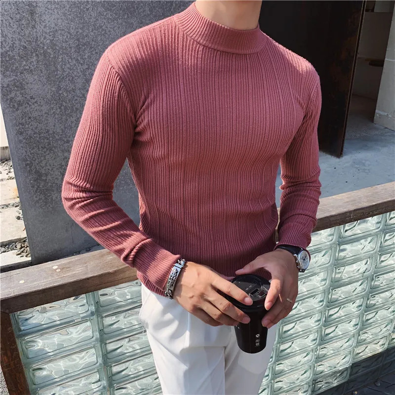 Plus Size 4XL-M Autumn Winter Half Turtleneck Stripe Sweater Men Elastic Knitting Pullover Korean Slim Solid Tight Sweater Tops 240729