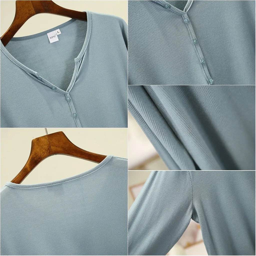 Summer Spring Bottoming Mask Tshirt Rib Cotton T-shirts long sleeves V-neck Buttons Tee tops solid color all match 240806