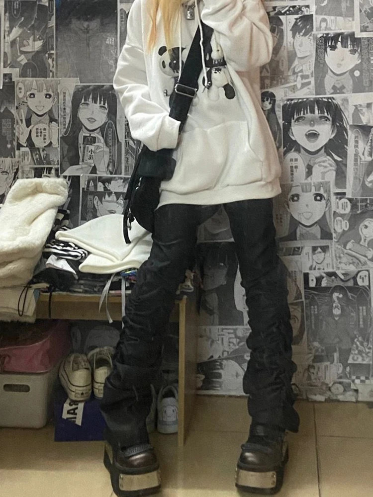REDDACHiC Goth Lolita Black Pants Casual Flare Stacked Jeans Women Stretchy High Waist Trousers 2000s Y2K Grunge Emo Streetwear 240806