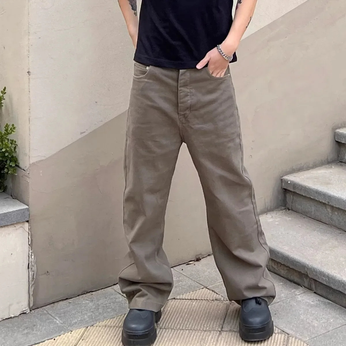American Vintage Washed Coffee Color Loosefit Casual Straightleg Denim Trousers For Men Trendy Pants 240806