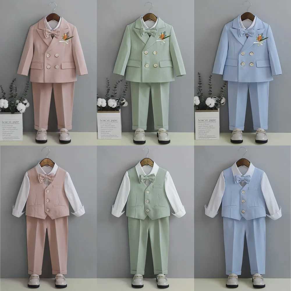 Suits Child Fomal Dress Suit Set British Style Baby Boys Wedding Birthday Party Performance Costume Kids Blazer Pants Bowtie Clothes