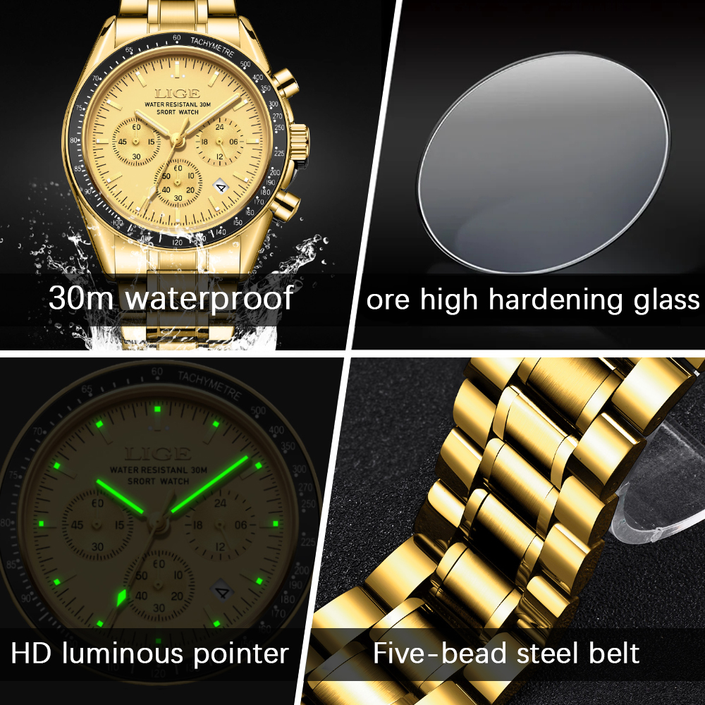 LIGE men's quartz watches, water-resistant sports watches, multi-functional chronographs, top brand, fashionable business watches, festival gifts