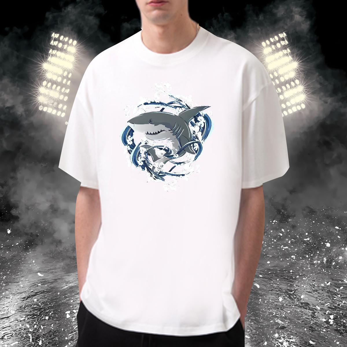 2024 T-Shirts for Men 230g 100% Cotton shark Anime Printing Street Tops Shirt Breathable Short Sleeve Comfortable Mens Tshirts Plus Size Custom