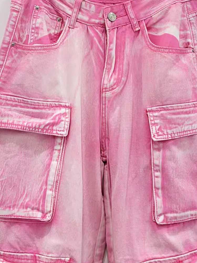 DEAT Womens Jeans High Waist Multiple Pockets Pink Washed Straight Wide Leg Cargo Denim Pants Summer Fashion 29L7634 240806