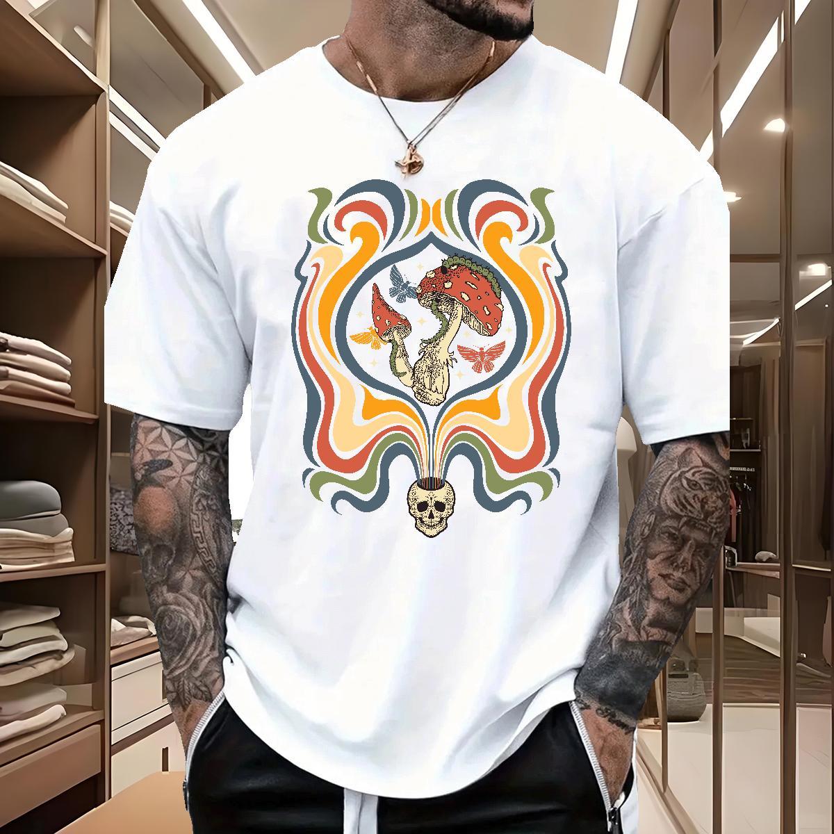 Casual New T-Shirts for Men 100% Cotton 230g mushroom Anime Printing Street Clothings Breathable Crew Neck Designer Men Tops Tees Custom Big Size