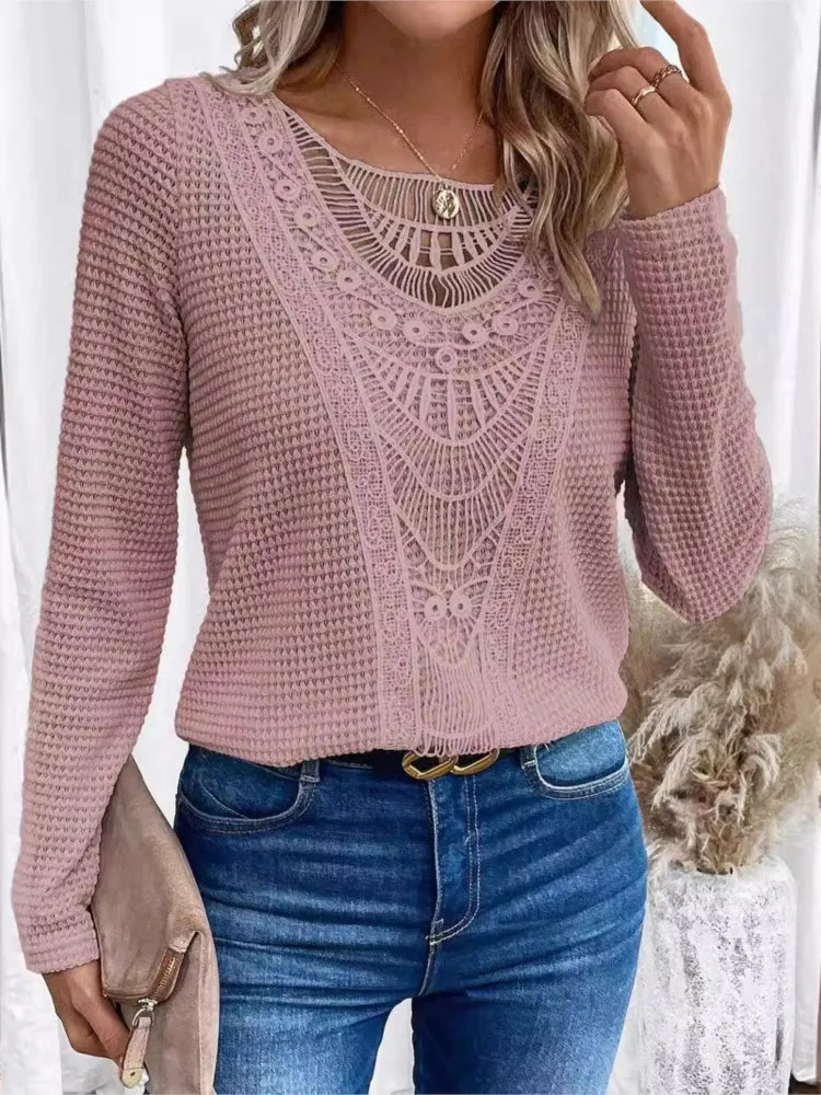 Autumn Winter Knitted Long Sleeved Womens T-shirt Casual Loose Mesh Stitching Fashion Solid ColorFemale Office Knitted Top 240806