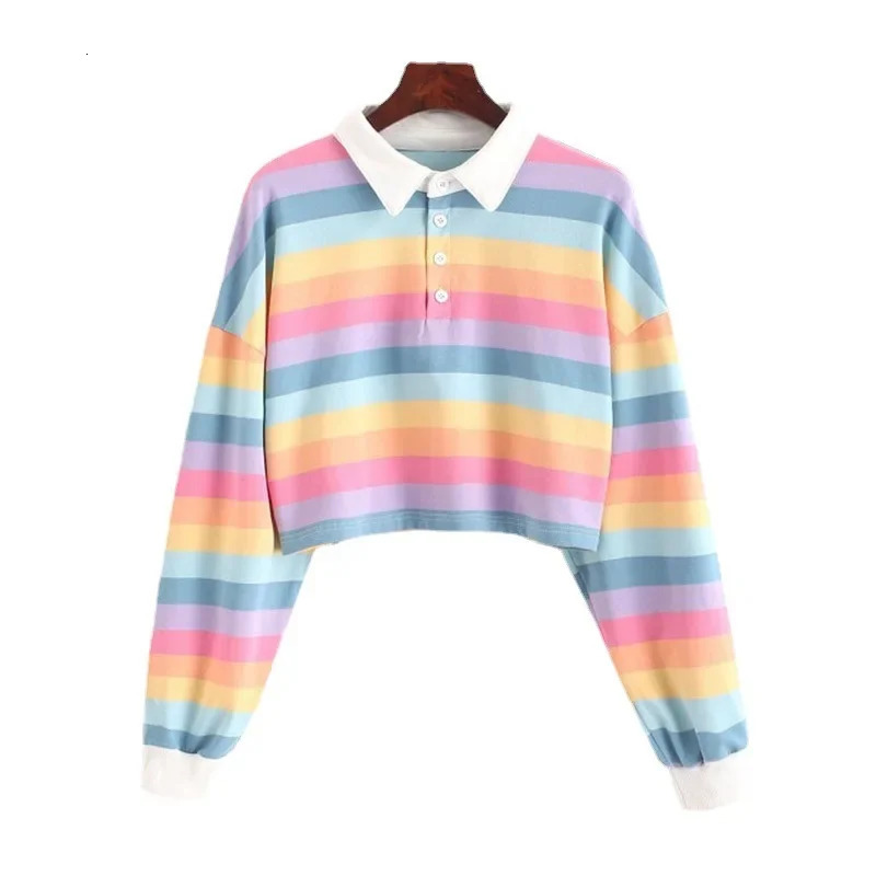 Spring Autumn Polo Collar Sweatshirt Womens Tweed Style Rainbow Stripe Cropped Long Sleeve T-shirt Top For Women 240806