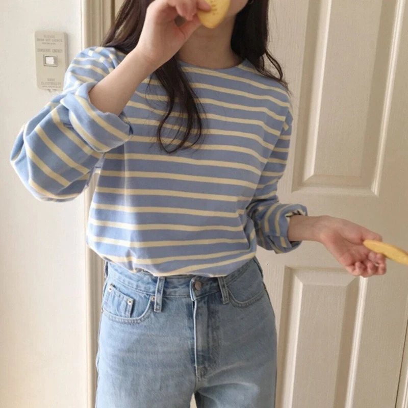 Spring Autumn Women Loose Harajuku Stripe T Shirt Long Sleeve Basic O-Neck T-Shirts Casual Female Shirt Versatile Tops 240806