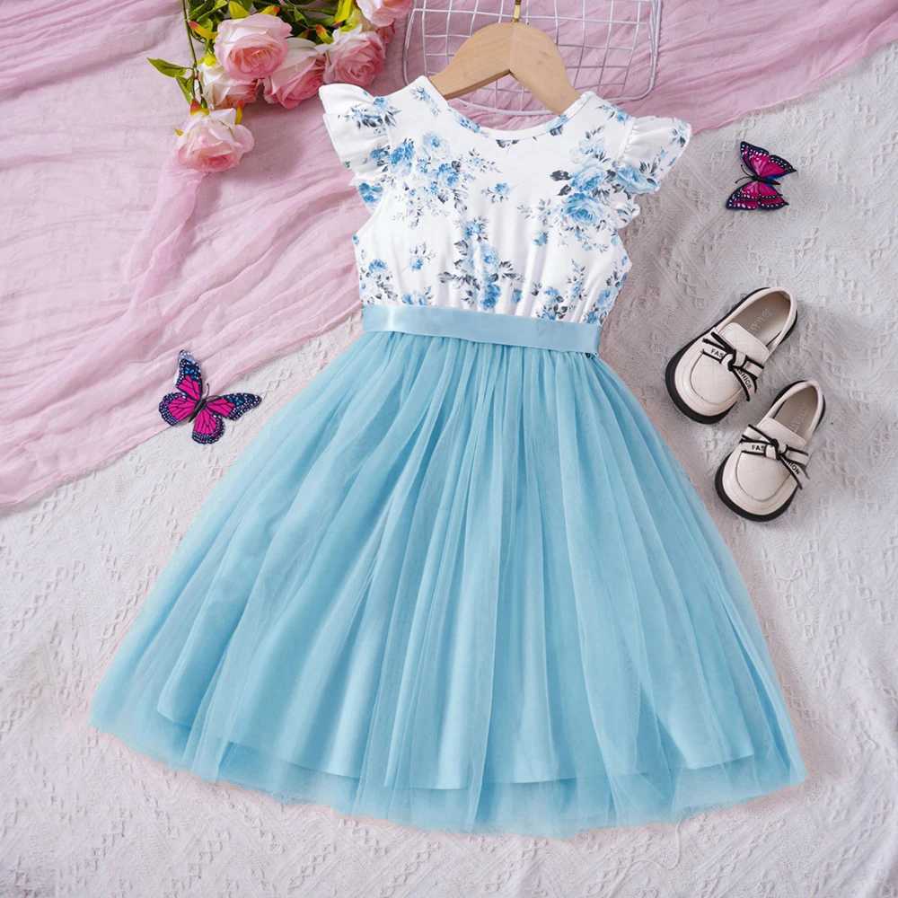 Summer New Cute Flying Sleeve Romantic Flower Net Princess Dress Suitable for Middle School Children and GirlsW240720