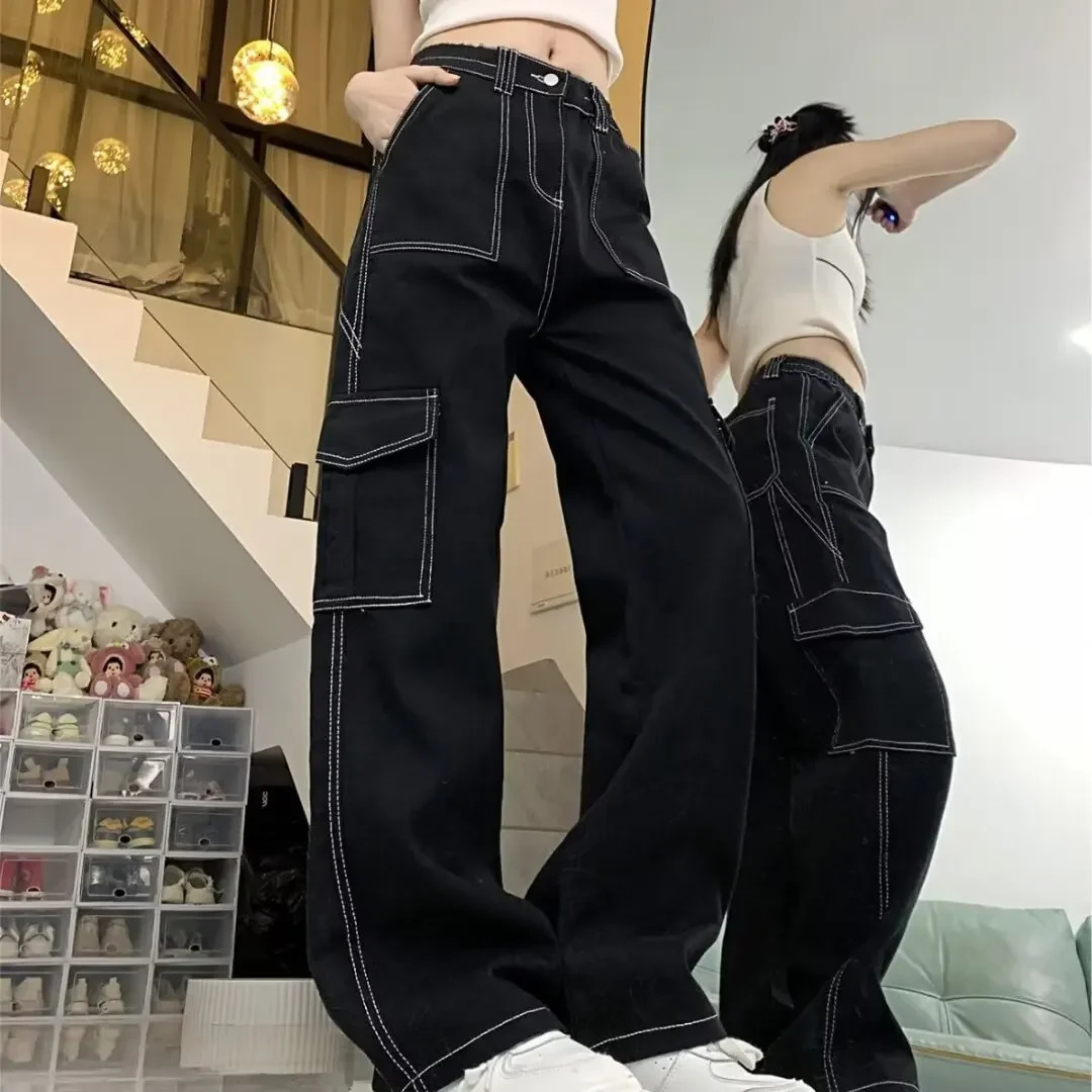Jeans Womens Straight-leg Loose-fit Spring Autumn/winter High-waisted Slimming Petite Wide-leg Cargo Pants 240806
