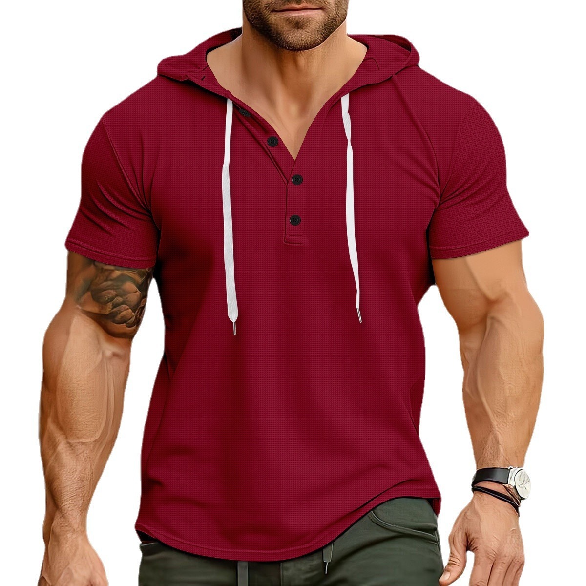 EBY men's waffle fabric slim fit short sleeved drawstring hoodie polo shirt