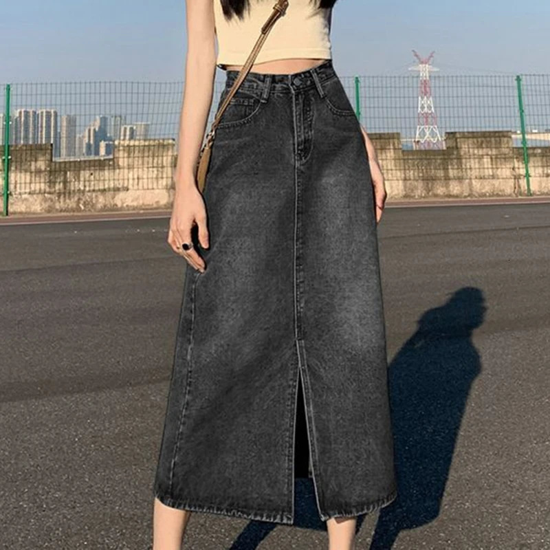 Spring Long Denim Skirt Vintage Women Solid High Waist A-LINE Slim Korean Style Jean Slit Midi Skirt Summer Fashion 240806
