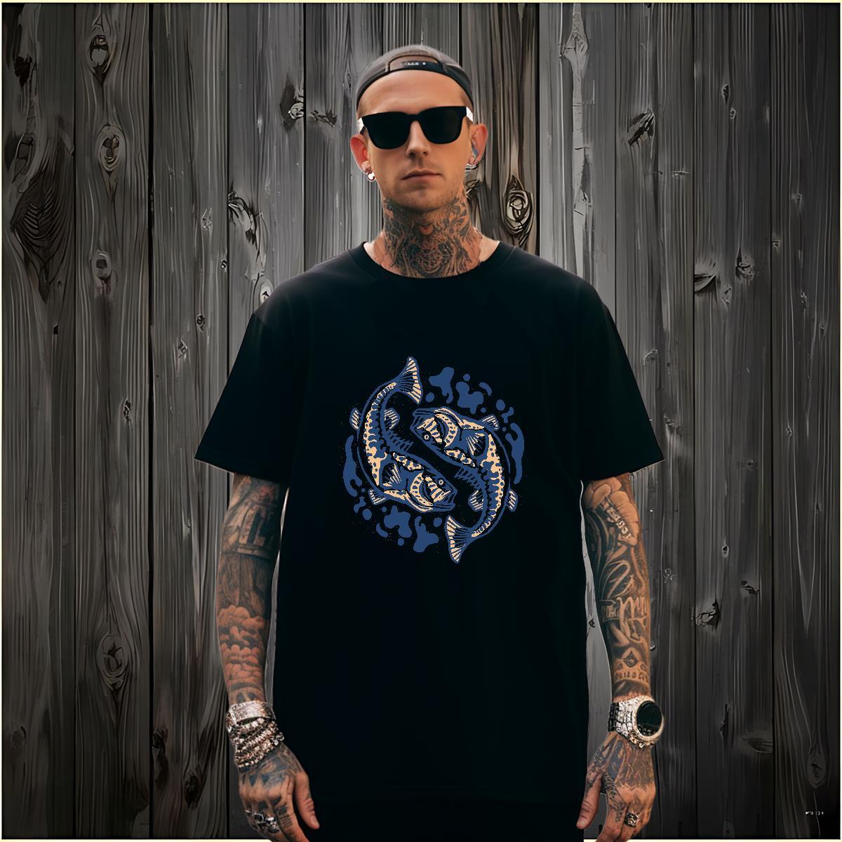 T-Shirts for Men 230g Cotton fish Street Wear Crew Neck Black White Tshirts Classic Casual Soft Tops Tees