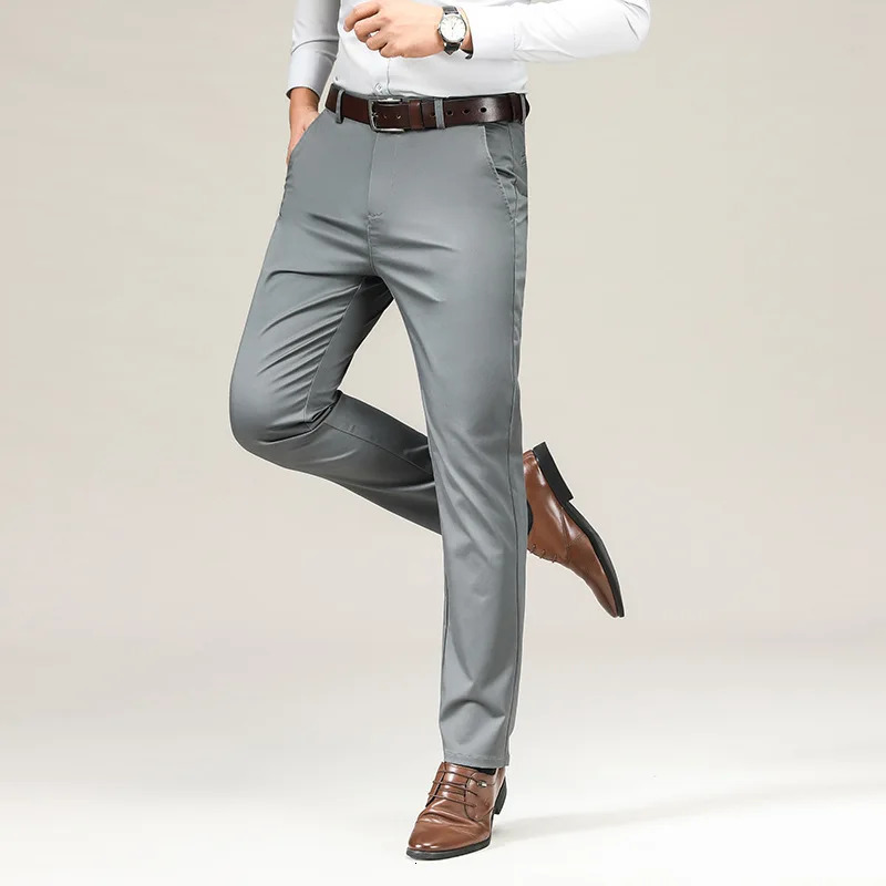 Men Pants Thin Ice Silk Washandwear Elastic Formal Fit Male Drape Plus Size Straight Black Suits Dress Business Office Trouser 240806