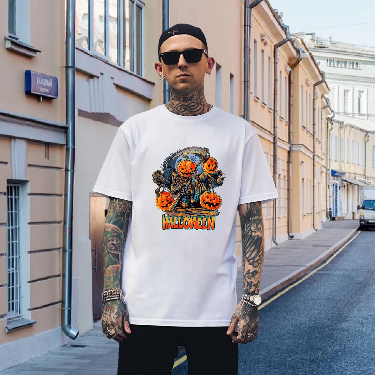 T-Shirts for Men 230g 100% Cotton Halloween Street Breathable Short Sleeve Floral Print Couples T Shirts Free Shipping Loose Tops Tees