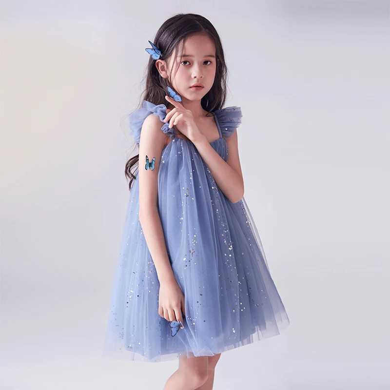 Suspends sequins New Dress for Girl 2024 Summer Sleeveless Tulle Princess Dress 3 6 8 Yrs childrens vacation casual dressW240720