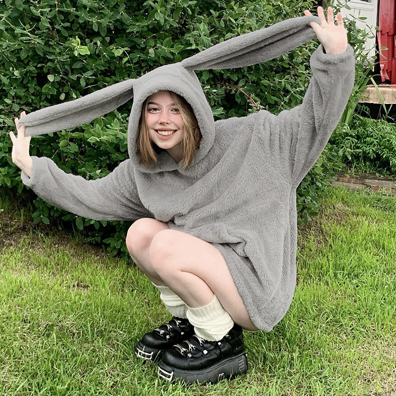 Cute Rabbit Ears Plush Hoodie for Women Autumn/Winter New Style Lazy Loose Hooded Warm and Velvet Top