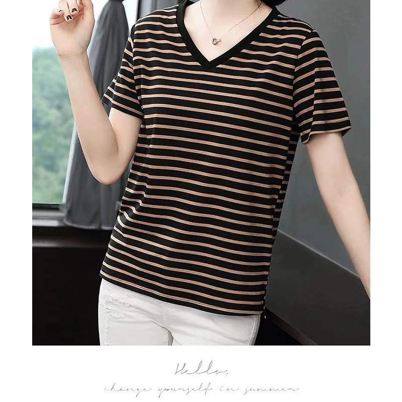 Summer Loose Large V-Neck Short Sleeve Womens T-shirt Oversized Casual Blouse Fashion Striped Elegant Tops 240806