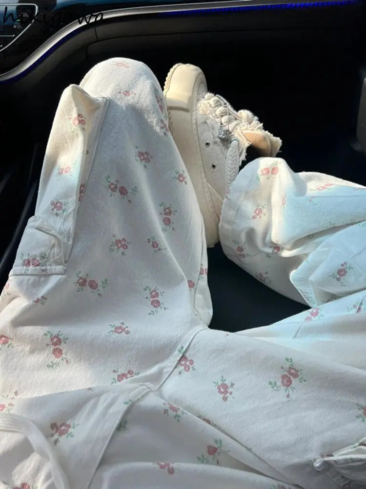 Floral Jeans for Women Fashion White Y2k Cargo Pants Bottoms High Waist Straight Pantalon Femme Casual Denim Trousers 240806