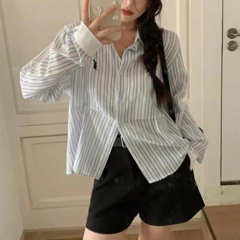 Deeptown Vintage Long Sleeve Striped Shirts Youthful Woman Korean Style Y2k Blouses Japanese Harajuku Fashion Female Tops Summer 240806