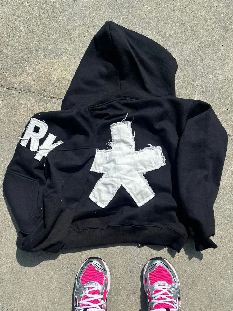 Y2K Hoodie Sweatshirt Hip Hop Retro Patch Embroidery Oversized Hoodie Sweatshirt Men Women Gothic Pullover 2000s Hoodie Clothes 240816