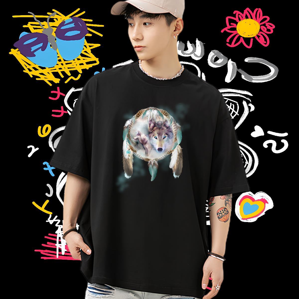 Custom Man T Shirts 230g 100% Cotton wolf Anime Printing Street Tops Tees Breathable Crew Neck Brand Men Tshirts Oversized 4XL