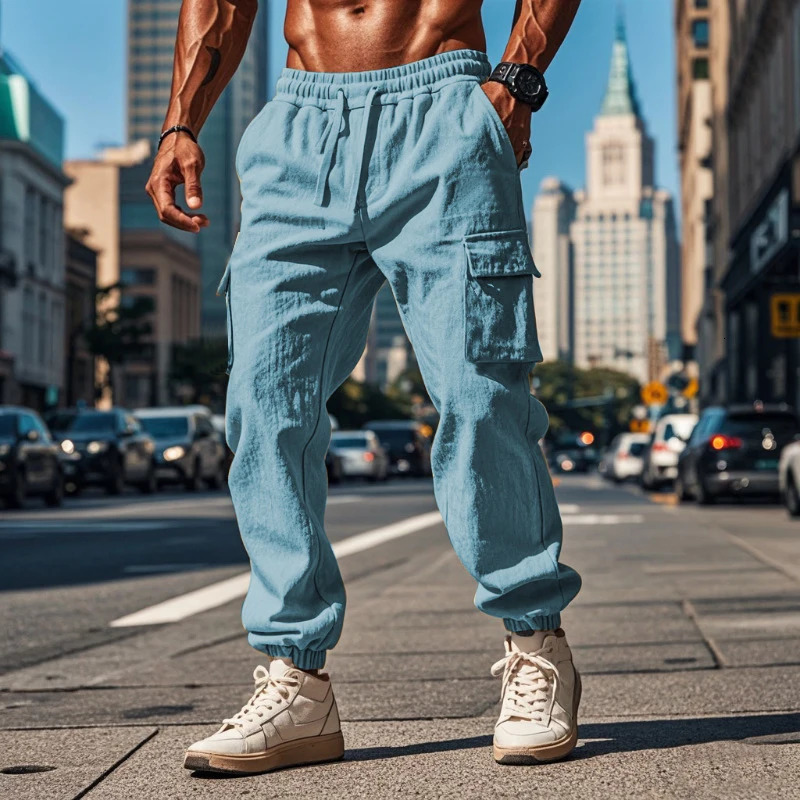 Autumn Daily Casual Breathable Cotton Pants For Men Streetwear Fashion Multi Pockets Cargo Vintage Mens Solid Color 240806
