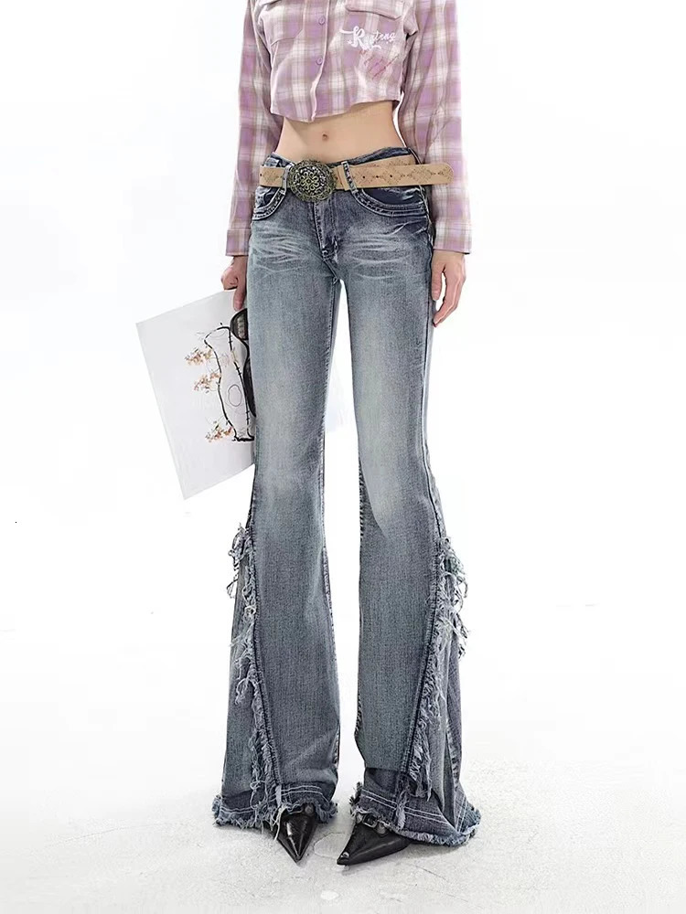 American Retro Y2K Flare Jeans Scratched Slim Bell Bottoms Women Fashion Gyaru Denim Pant Raw Edge Trousers Hip Hop High Street 240806