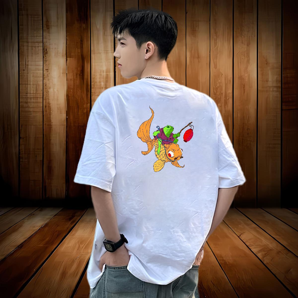 New Designer T Shirt For Man 100% Cotton 230g fish Casual Tops Shirt Breathable Loose Fit Mens Tshirts Custom Anime