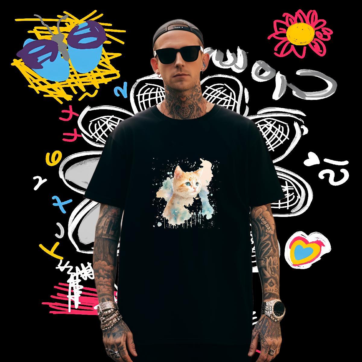 Man T Shirts 230g 100% Cotton cat High Street Hip Hop O-Neck Short Sleeve Custom Printed Mens Tshirts 2024 New Loose Tee Shirt
