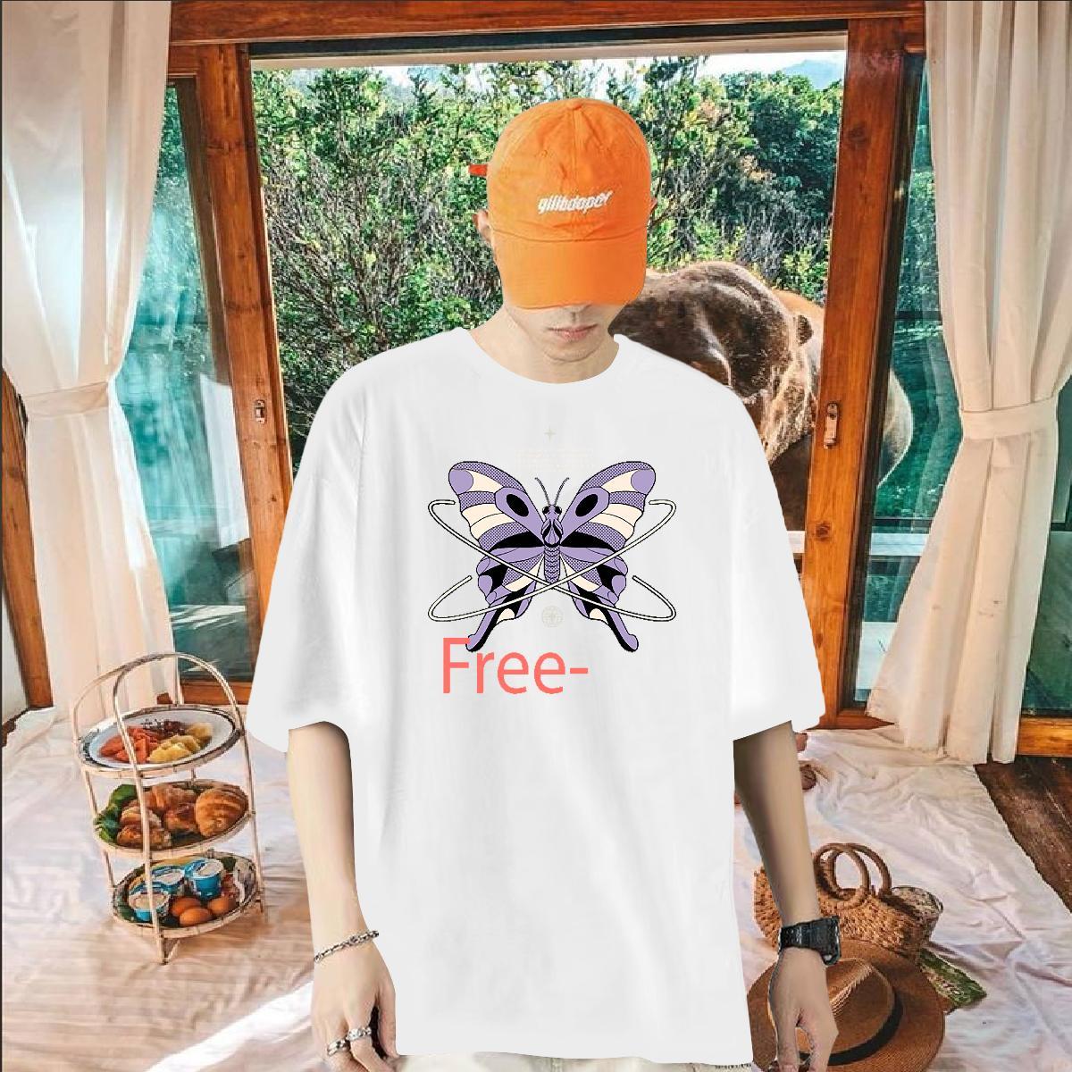 New Men T Shirts 230g Cotton Butterfly Street Wear Tops Tees Crew Neck Classic Men Tops Tees Custom Anime