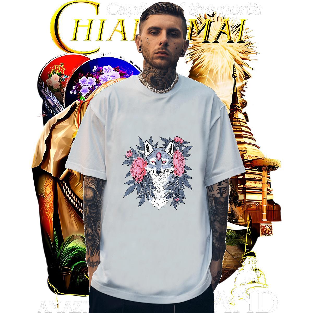 Brand Men Tees 230g Pure Cotton wolf T Shirt For Man High Street Hip Hop Breathable Short Sleeve Plus Size Custom Fashion Designer Tee Shirt