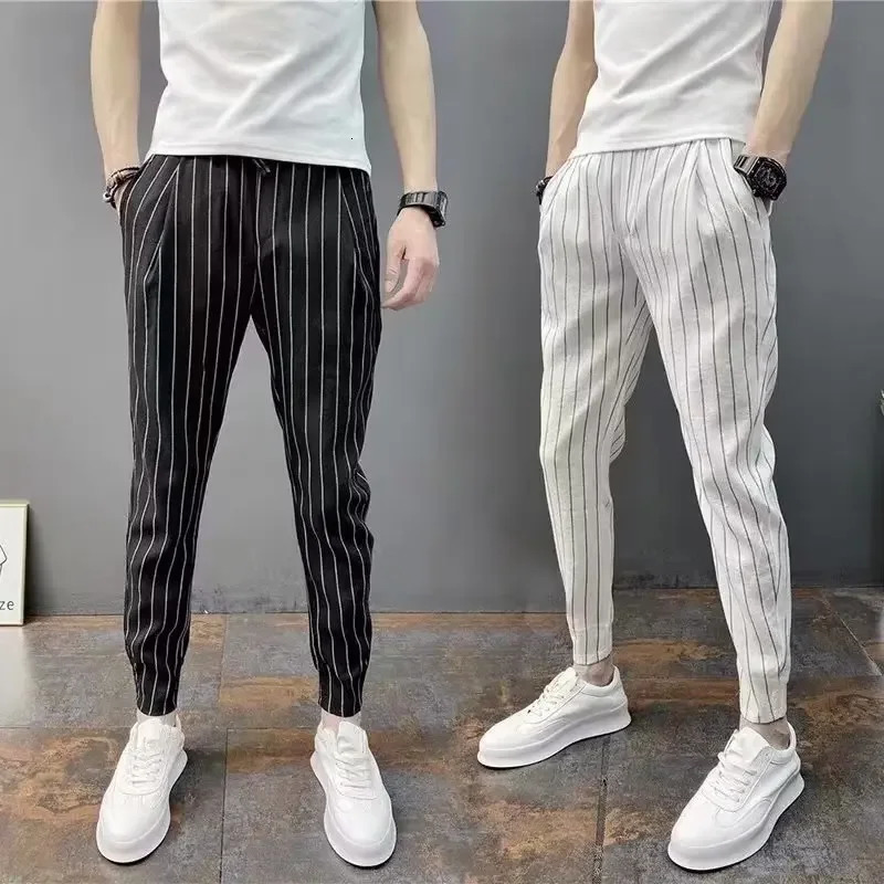 Mens Slimming Striped Casual Cropped Pants Autumn Style Tapered Trousers Fashionable Internet Celebrity 240806