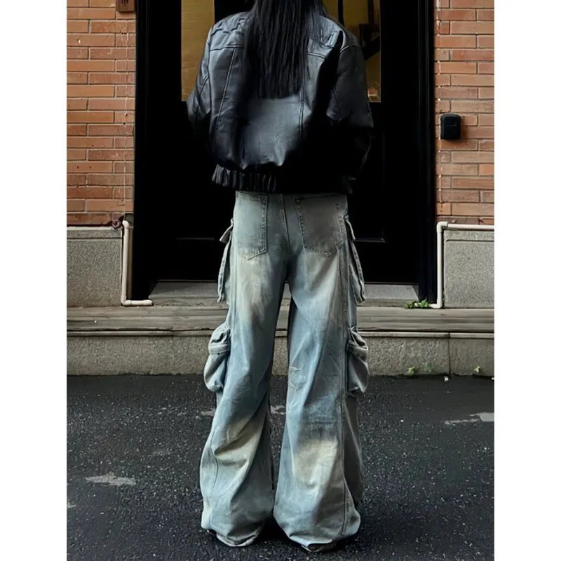 Womens Blue Cargo Jeans Baggy Vintage Y2k Denim Trouser 2000s Harajuku Wide Leg Cowboy Pants Trashy 90s Aesthetic Clothes 240806