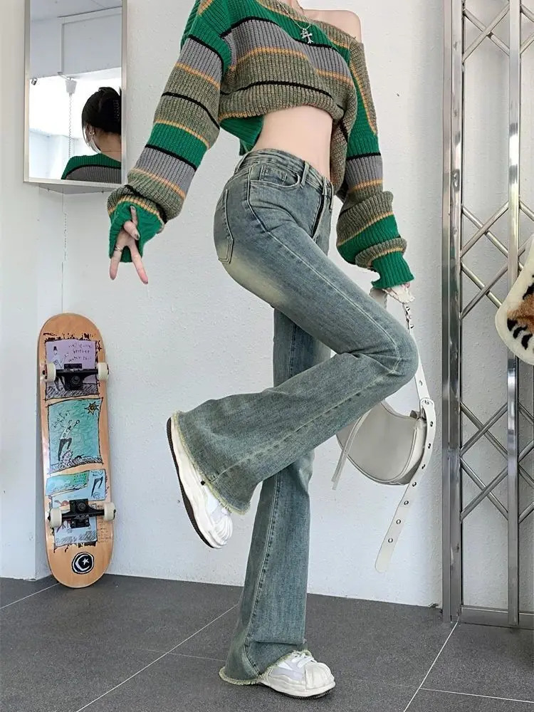 Flare Jeans Women Skinny High Waist Aesthetic Y2k Clothes Denim Trousers Vintage Washed Retro Mopping Korean Strt Z260313