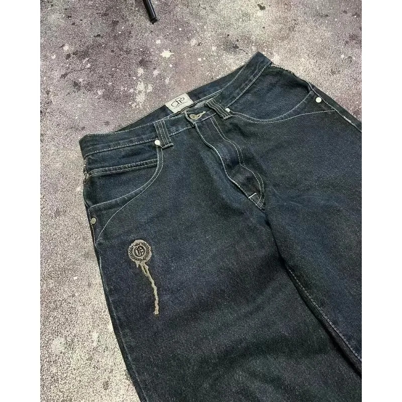 2025 Designer Embroidered Skeleton Jeans Men's Y2K Washed Hip Hop Wide Leg Pants Gothic High Waist Straight Leg Cowboy Pants Street Casual Wear C