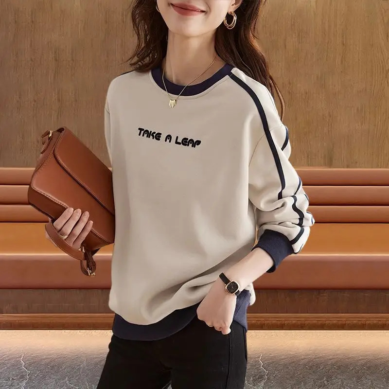 Cotton Casual Letter Top Womens Spring and Autumn Style Contrasting Color Patchwork Commuting Casual All-match Hoodies 240806