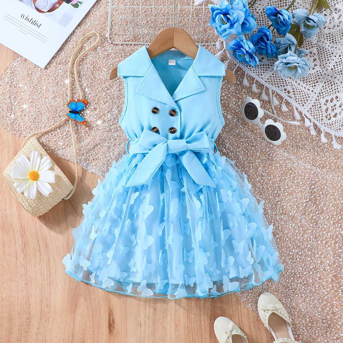 Childrens Girl Birthday Dress Fashion Sleeveless Cute Butterfly Embroidery Mesh Belt Princess Dress OotdW240720