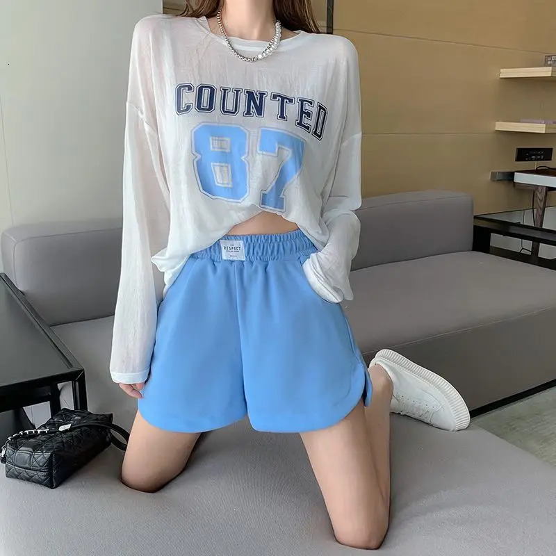 Summer White Ice Silk Letter Print Thin T Shirts Long Sleeve Solid Color Loose Casual Tops Tees Fashion Trend Women Clothing 240806