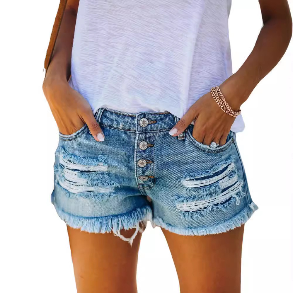 2023 Trendy Perforated Tassel Denim Shorts Straight breasted Women's Hot Pants