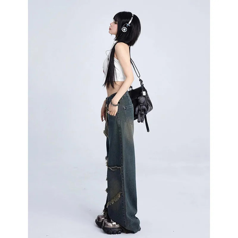 Women Blue Cargo Jeans Baggy Vintage 90s Aesthetic High Waist Cowboy Pants Harajuku Denim Trousers Y2k Trashy Clothes 240806