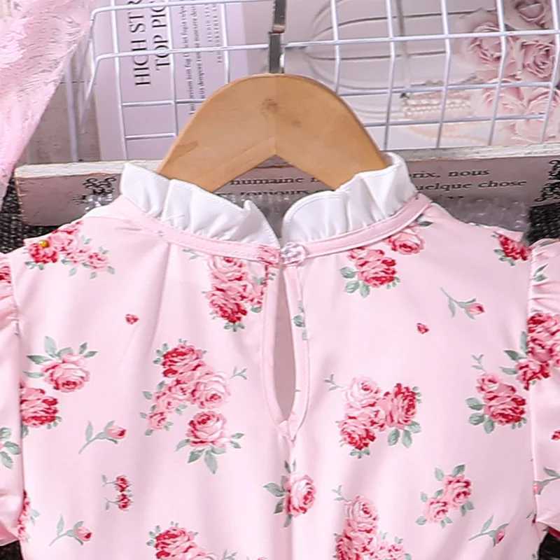 Girls Summer Dress New Retro Pink Cute Flower Retro Printed Lace Princess Girls Dress Fashion 8-12 Year Old Childrens Daily Casual ClothingW240720