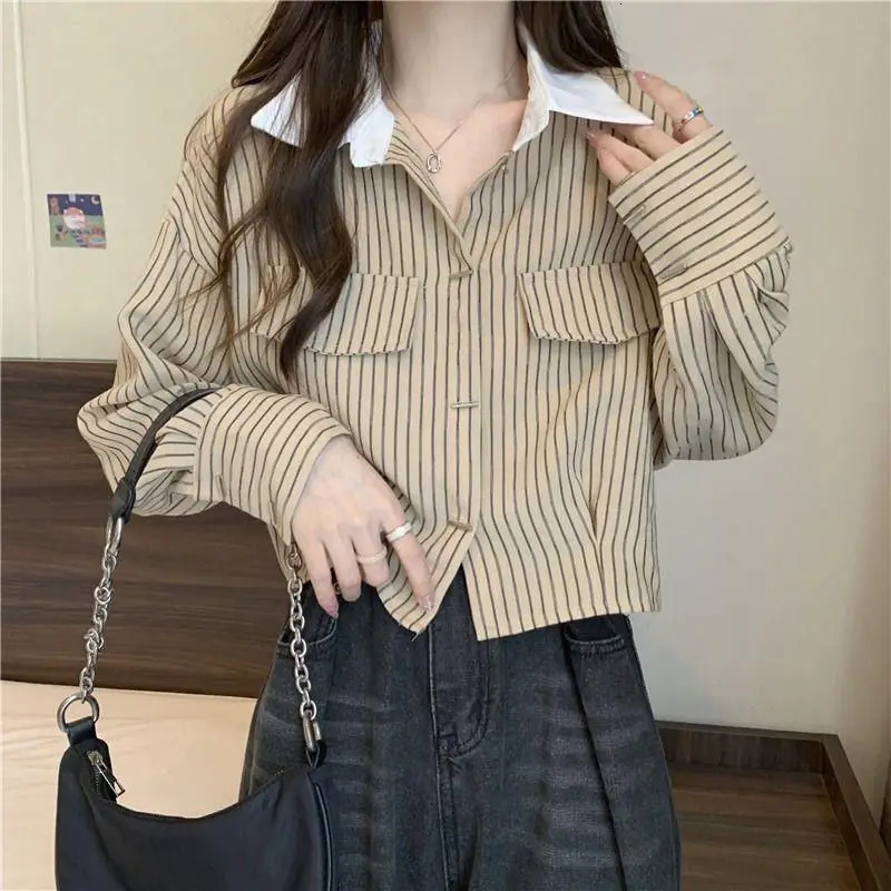 Contrast Striped Patchwork Short Blouse Spring Polo Neck Long Sleeve Loose Fashion Shirt Tops Office Casual Women Clothing 240806