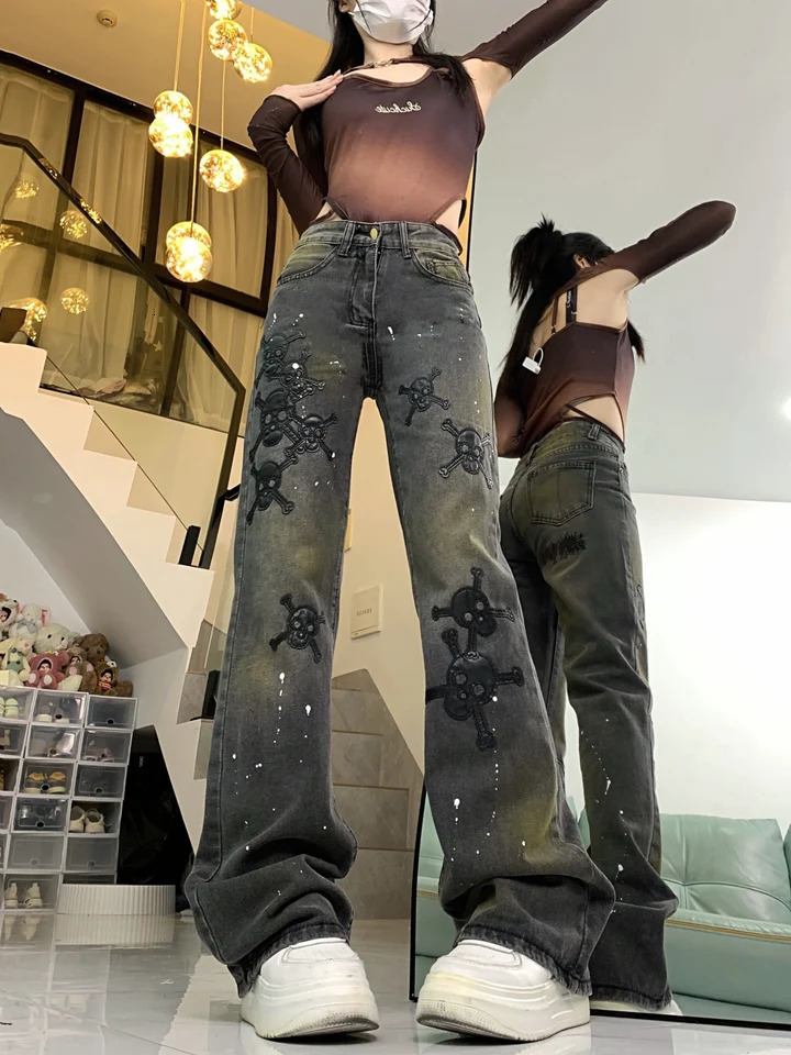 Embroidery Skulls Pants for Women American Y2K Streetwear Jeans Women Fashion Vintage Trendy Jeans 240806