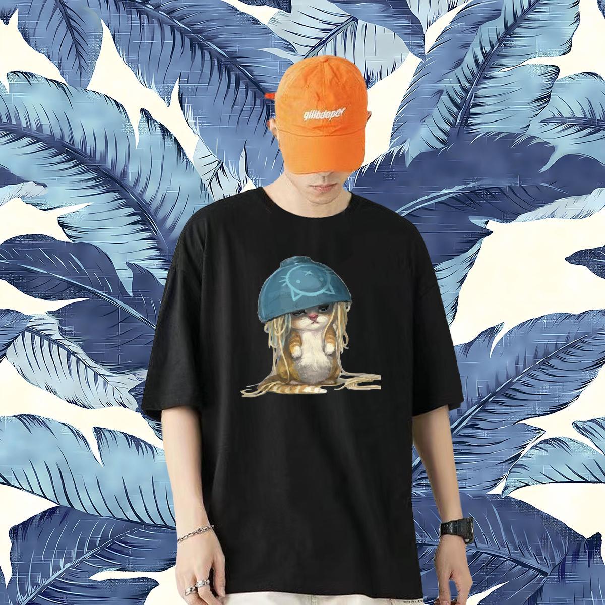 Fashion Casual T shirt 230g Cotton cat Sports Casual Tops Shirt Breathable Crew Neck Cool Men Clothes T-Shirt Cartoon Print