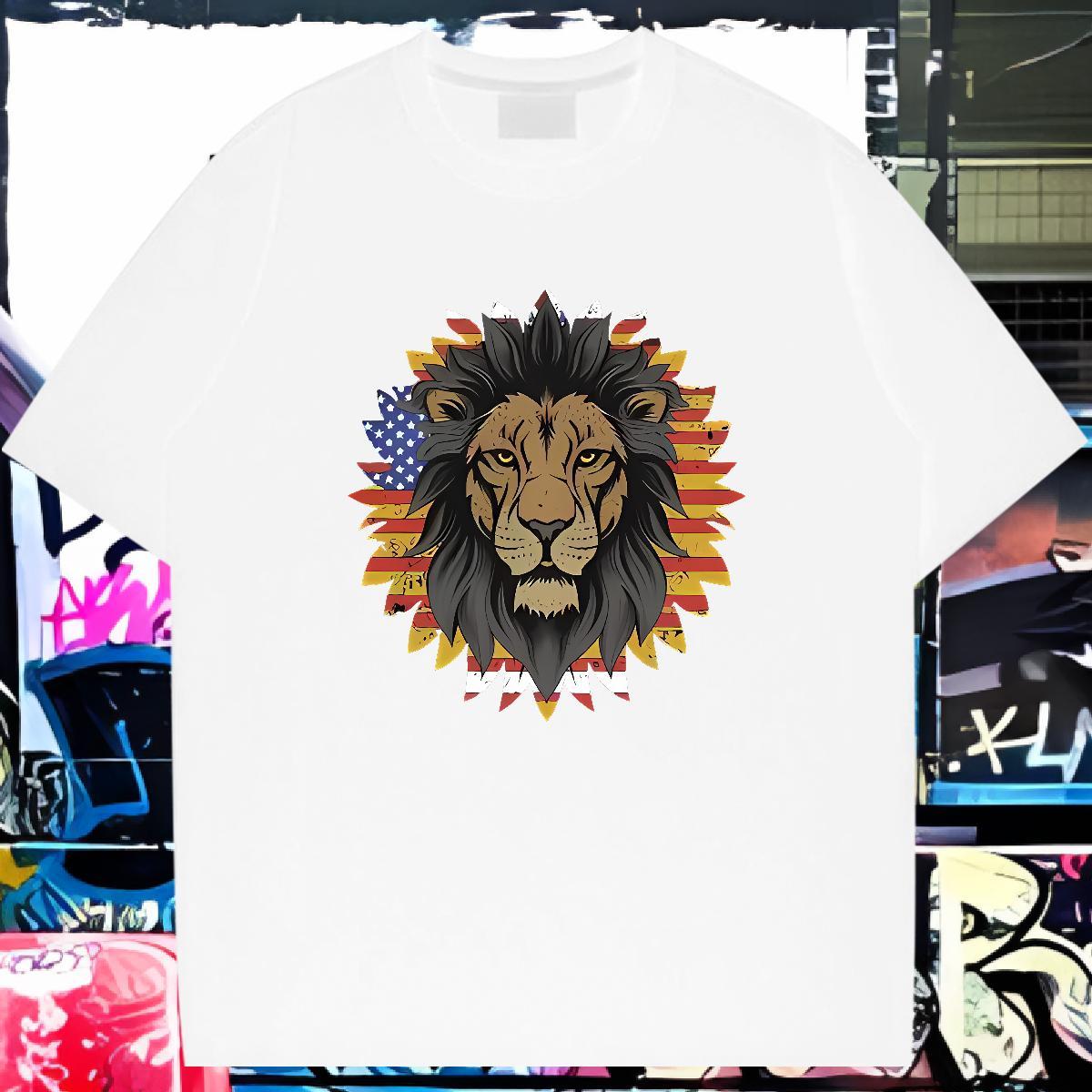 2024 New T-Shirts 230g Cotton lion Spring Summer Tees Round Neck Short Sleeve Loose Fit Tshirts Plus Size Cartoon