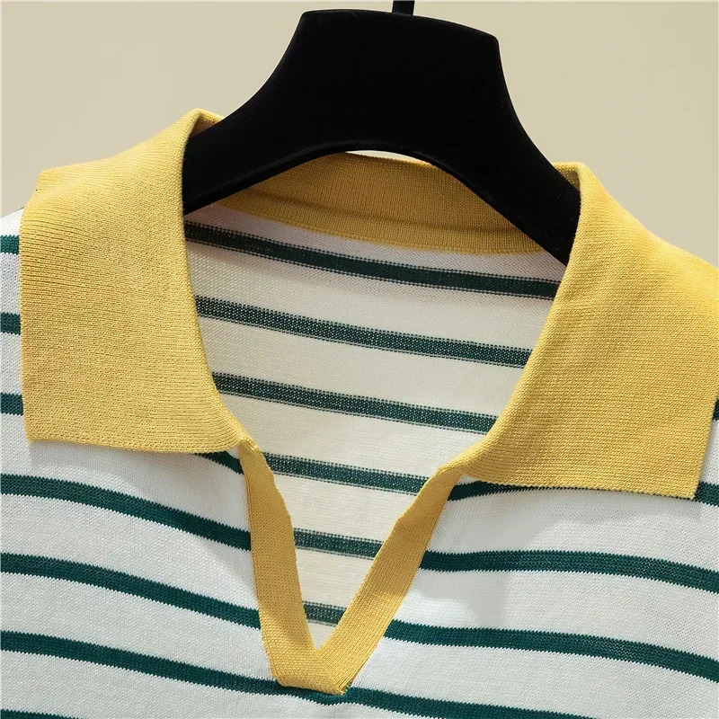 Womens striped V-neck pullover polo sweater early autumn full competition top long sleeved knitted bottom sweater 240827