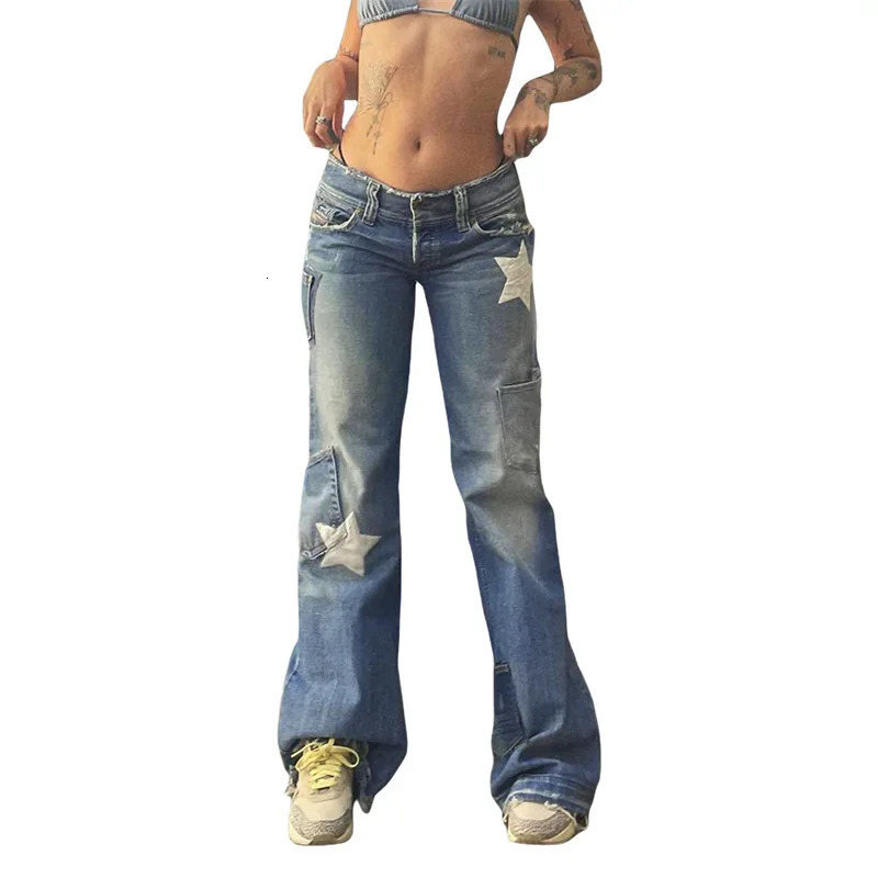 y2k Star Jeans Women Fairy Grunge Aesthetic Low Waist Flared Pants with Pockets Spring Fall Trousers 2000s Streetwear 240806